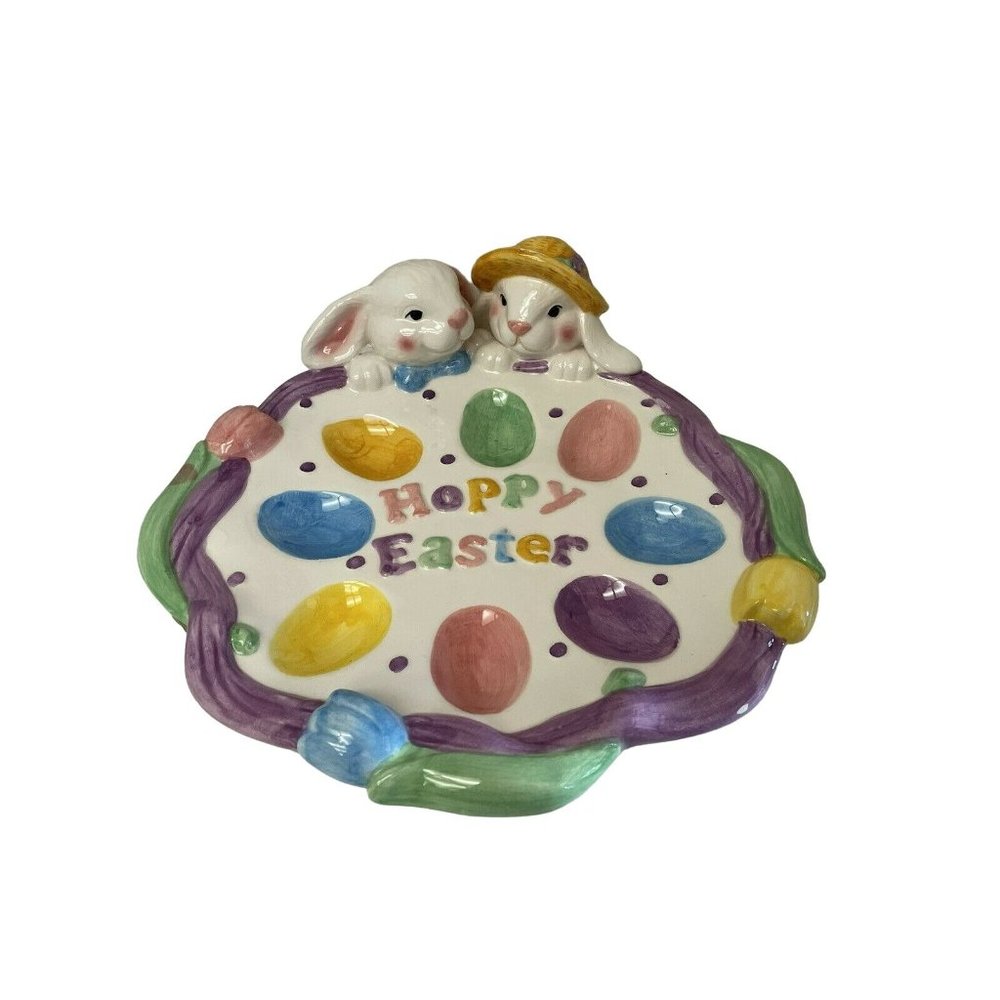 Figi Graphics Easter Egg Plate Two Bunnies Hoppy Easter Ceramic Candy Dish 1998